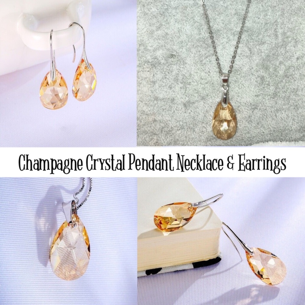 3-$20 Champagne Zircon Tear Drop Pendant Necklace & Earrings